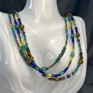 Triple Strand Beaded Necklace‎ Blue Teal Copper 24" Layered Bohemian Artsy